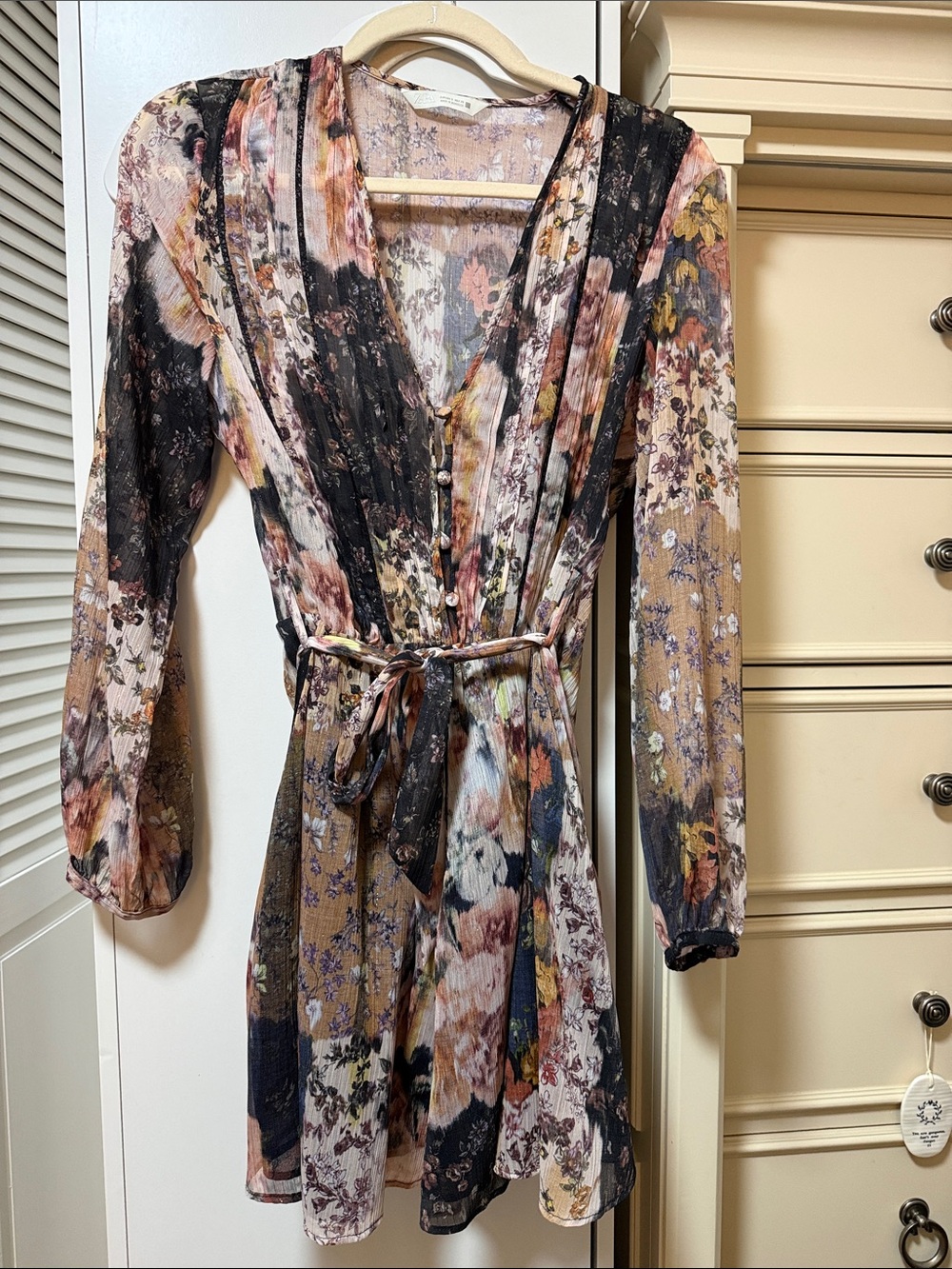 Zara Black and pink Floral Long Sleeve Dress